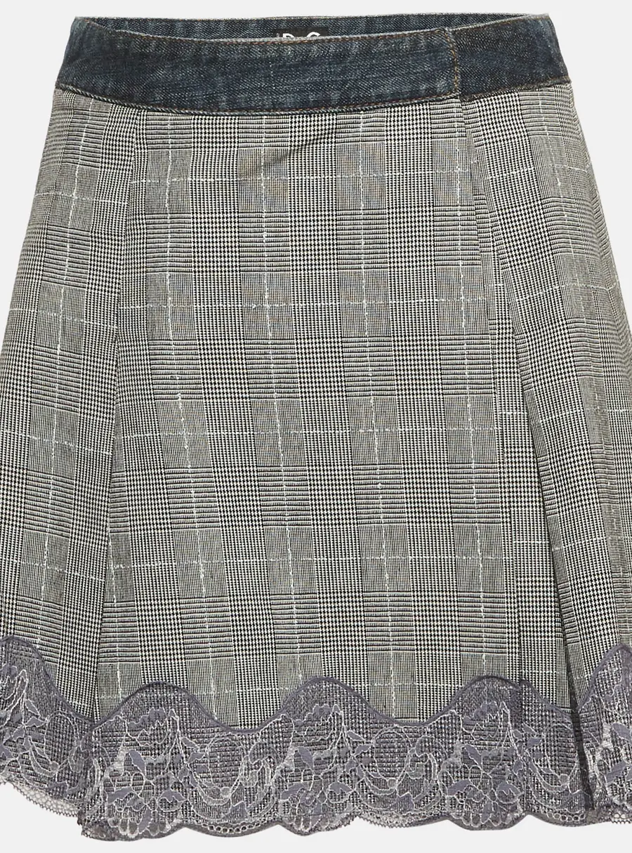 D&G Blue/Monochrome Plaid Denim Lace Detail Wrap Skirt S