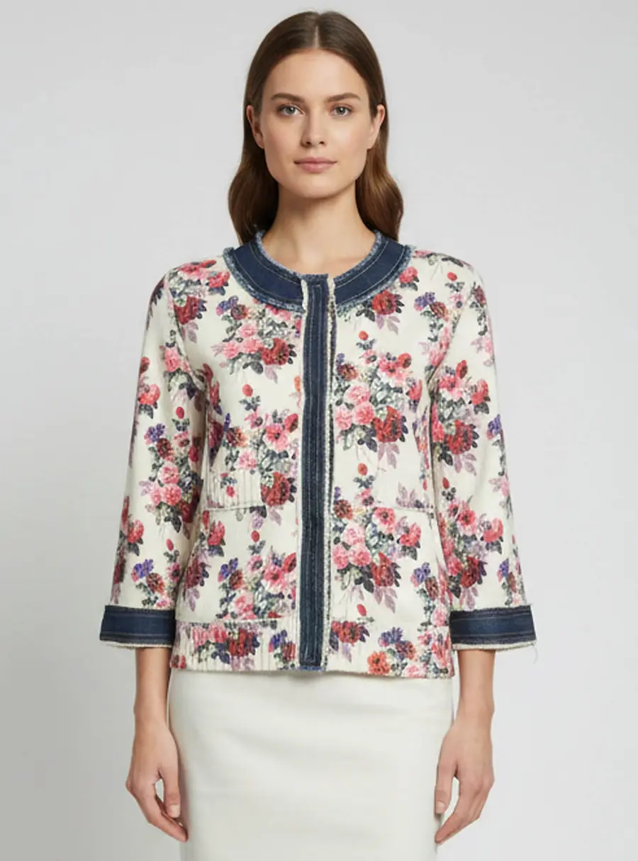 D&G Cream Floral Print Knit Denim Trim Button Up Jacket S