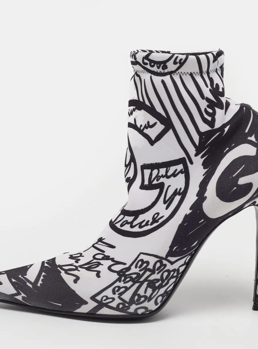 D&G Size 37 Black/White Stretch Fabric Ankle Length Boots