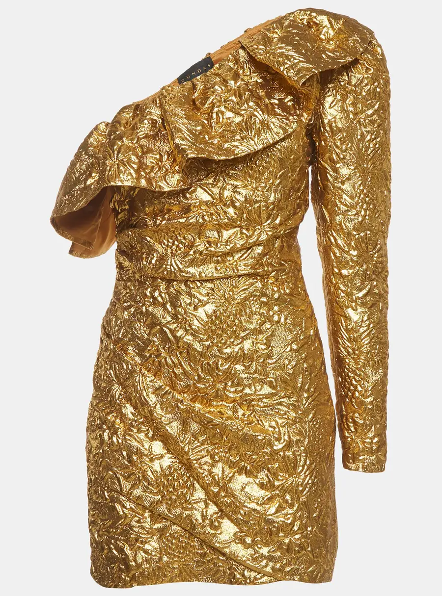 Dundas Metallic Gold Embossed One Shoulder Mini Dress S