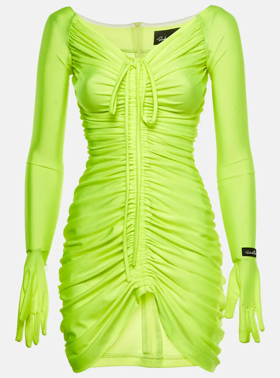 Richard Quinn Neon Green Jersey Glove Detail Ruched Mini Dress S