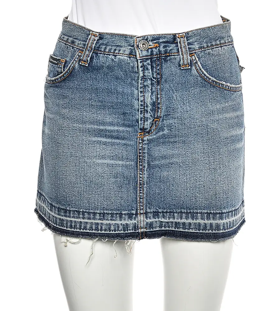 D&G Blue Denim Back Floral Logo Embroidered Mini Skirt S