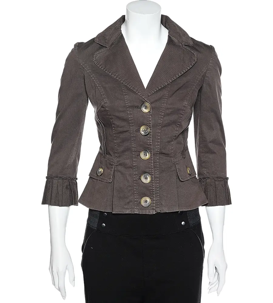 D&G Vintage Brown Cotton Textured Trim Button Front Blazer S