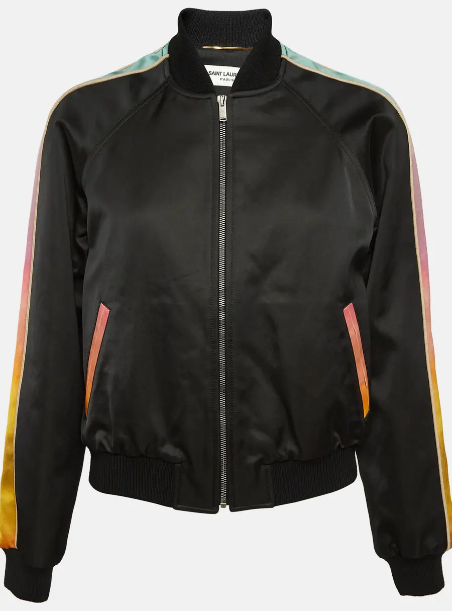 Saint Laurent Black Cotton Blend Rainbow Stripe Bomber Jacket M
