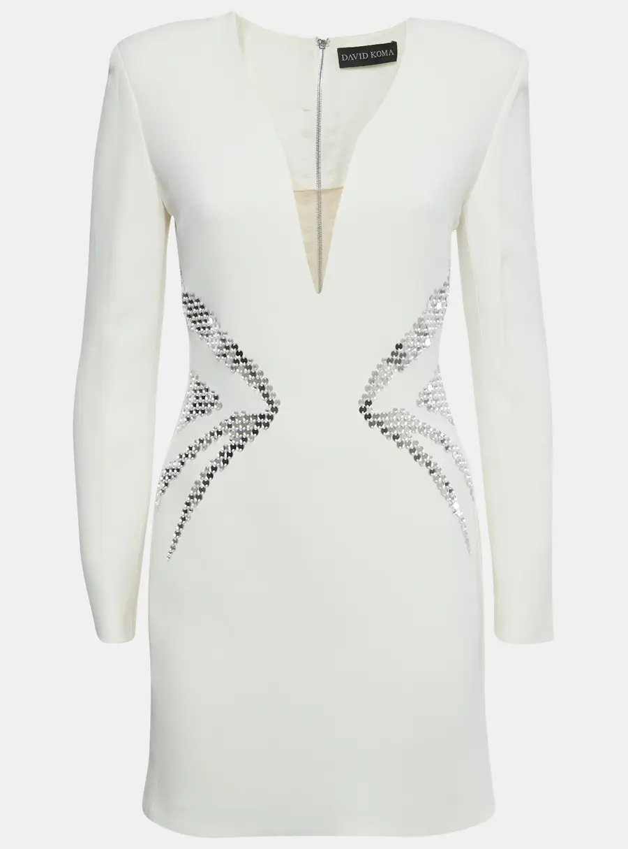 David Koma Ivory Crepe Mirror Embroidered Mini Dress S