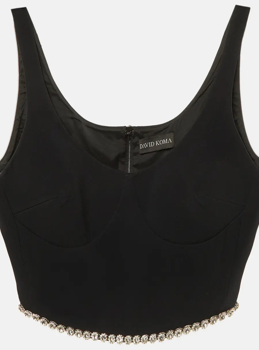 David Koma Black Crepe Crystal Embellished Crop Top M