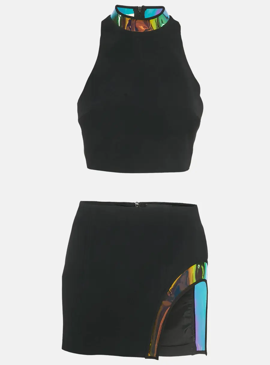 David Koma Black Hologram Vinyl Trim Crepe Set S