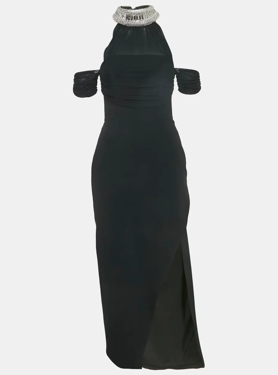 David Koma Black Crepe Embellished Neck Dress S