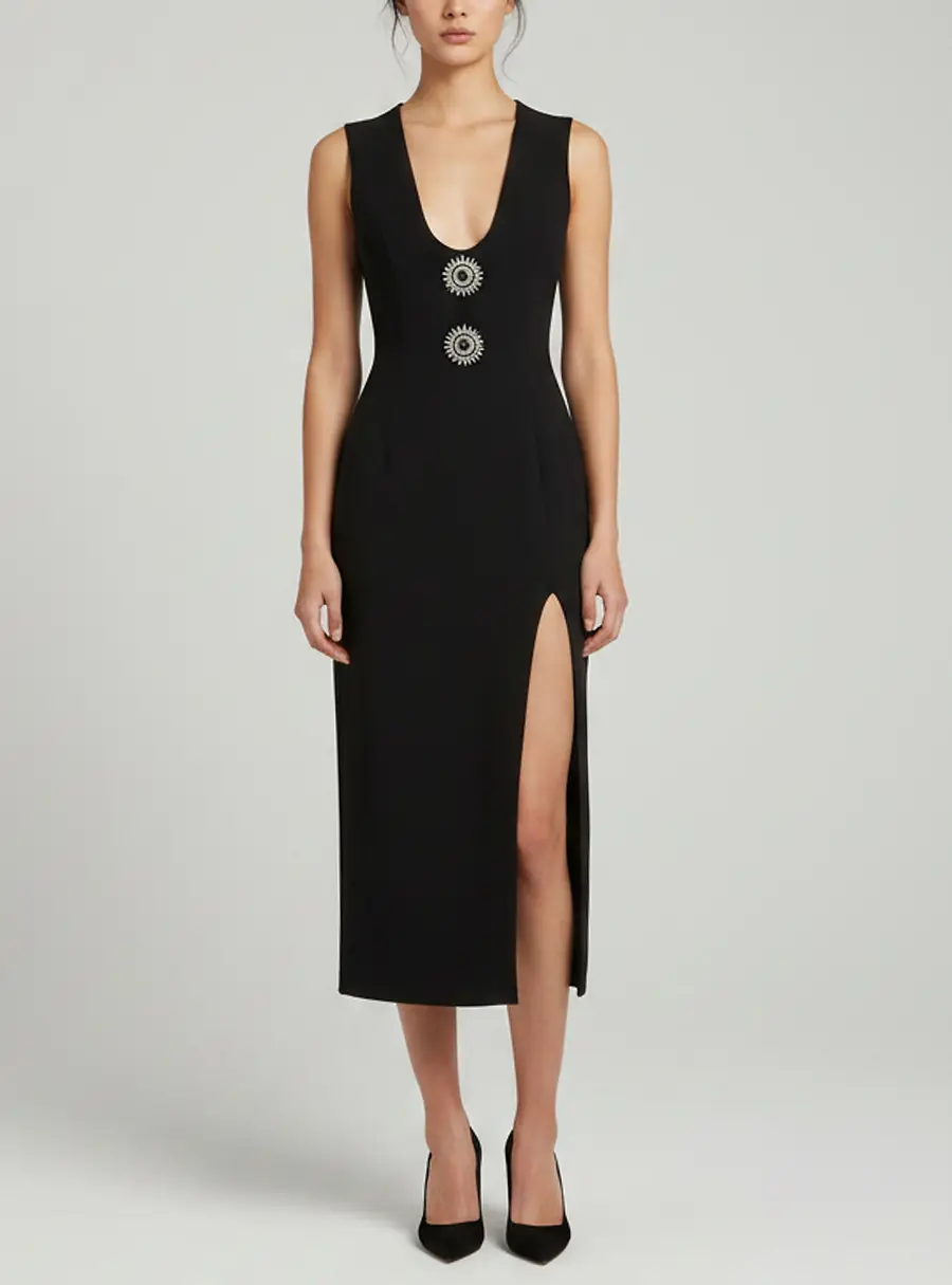 David Koma Black Virgin Wool Plunge Neck Embellished Maxi Dress S