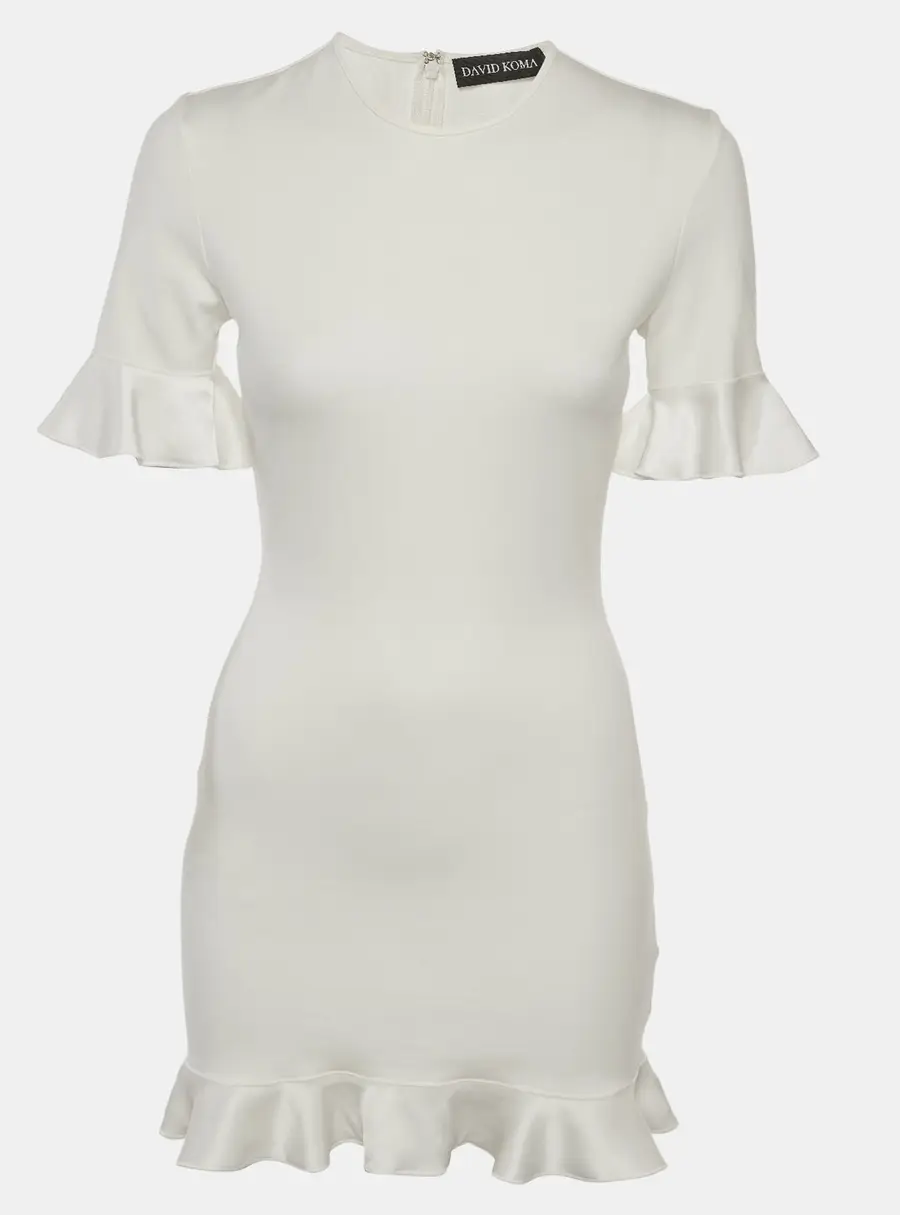 David Koma White Ruffled Jersey and Satin Cut-Out Mini Dress M