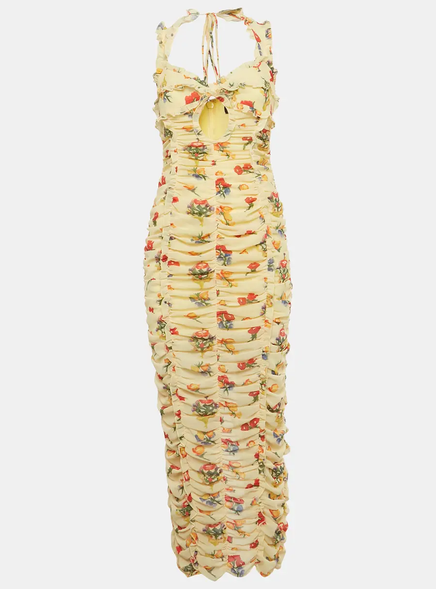 De La Vali Dress Yellow Floral Print Crepe Ruched Maxi Dress M
