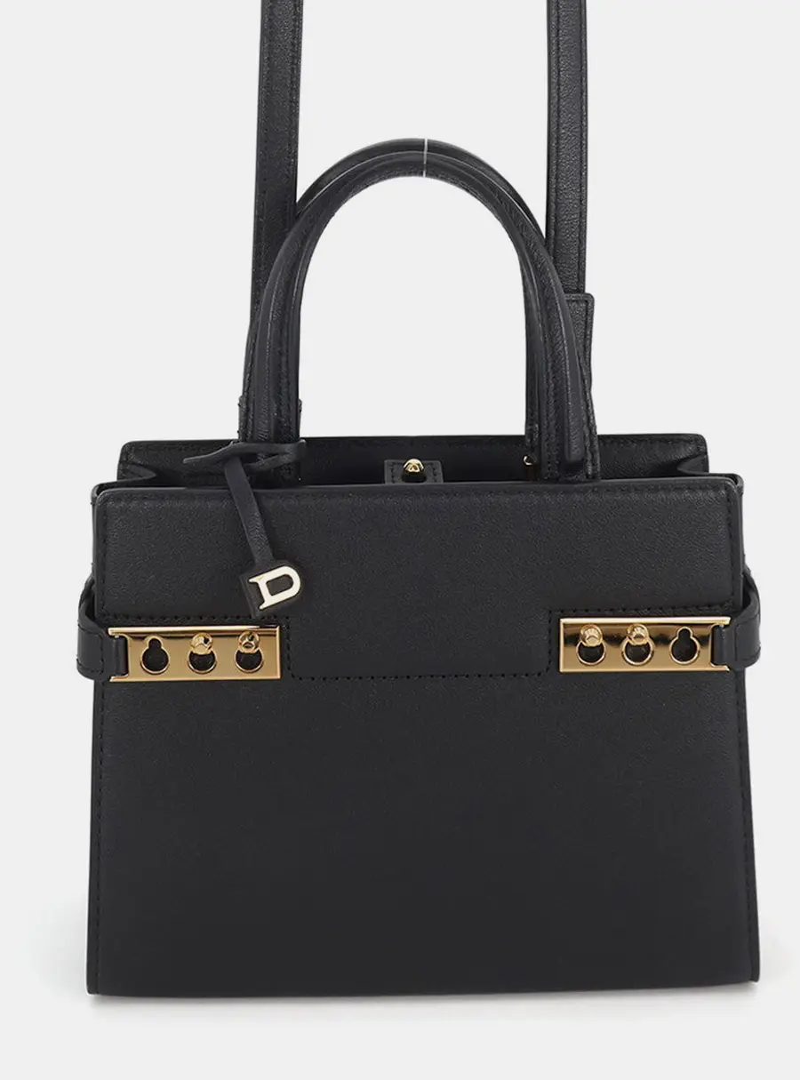 Delvaux Tempete Crush Small Black Calfskin Leather Top Handle Bag