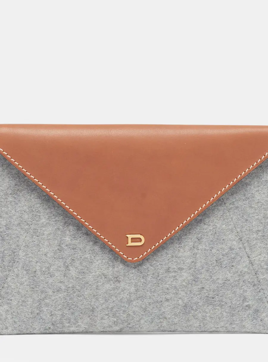 Delvaux Envelope Flap Grey/Brown Leather and Wool Clutch