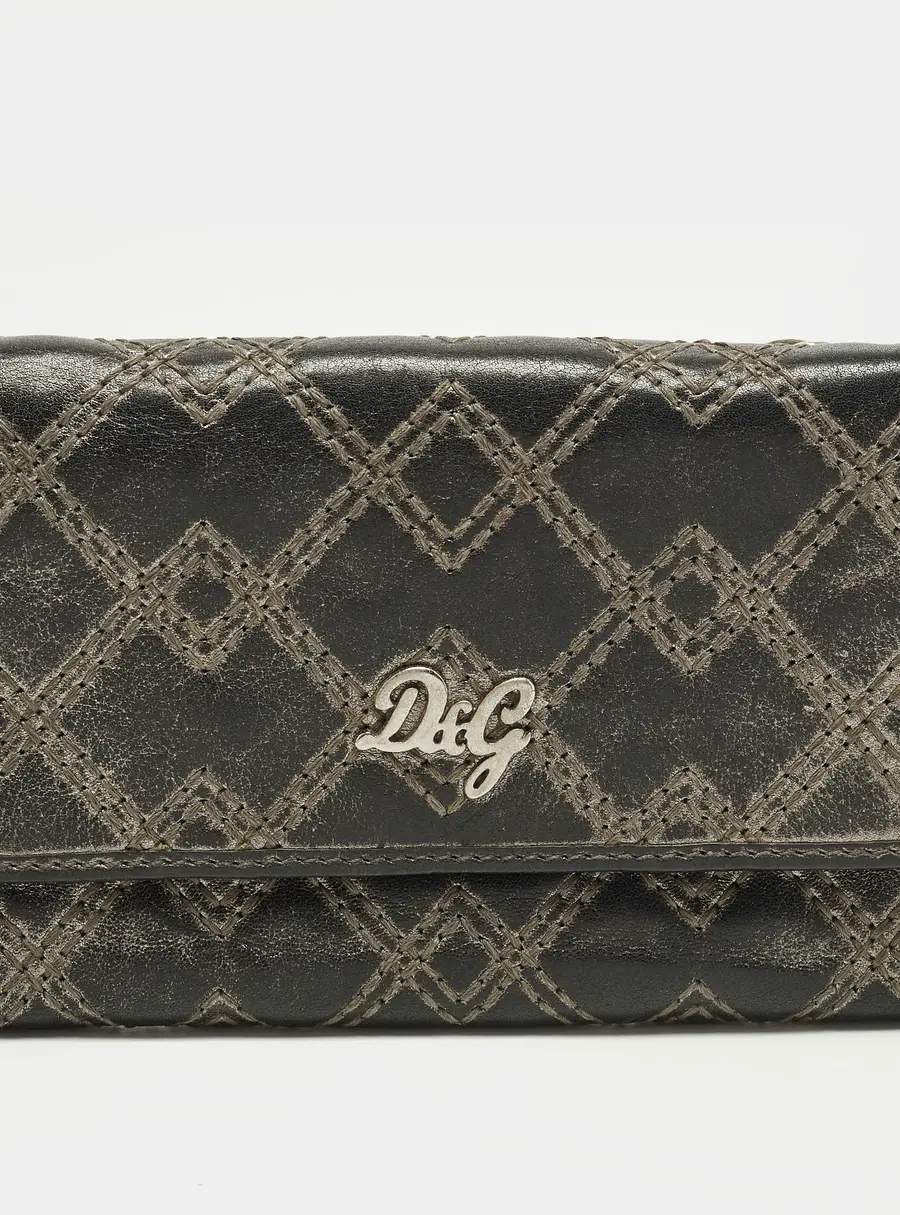 D&G Logo Stitched Grey Leather Trifold Wallet