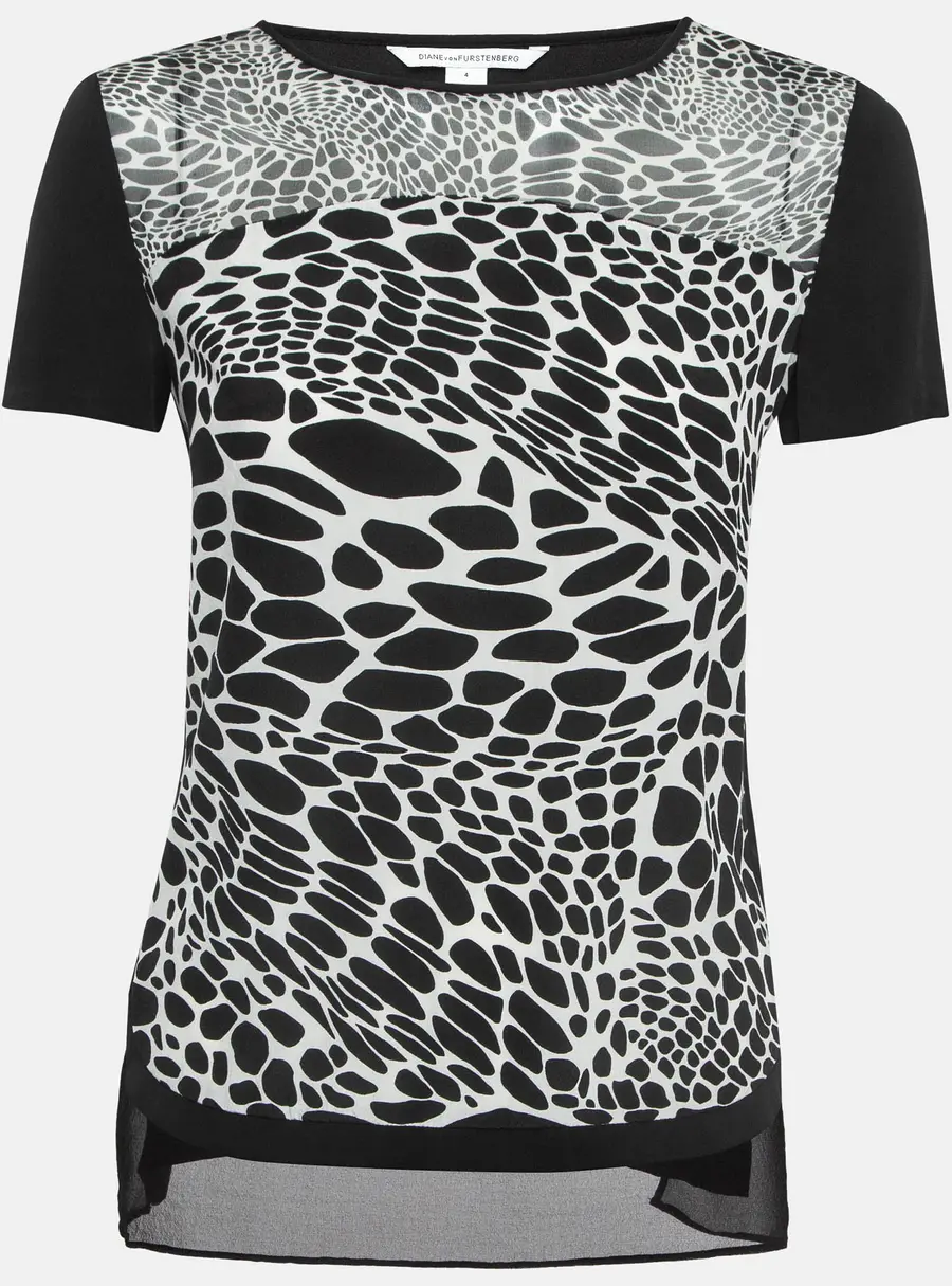 Diane Von Furstenberg Black Printed Silk Becky Top S