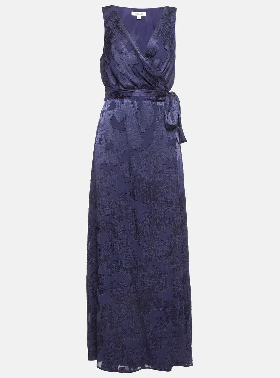 Diane Von Furstenberg Navy Blue Jacquard Maxi Wrap Dress L