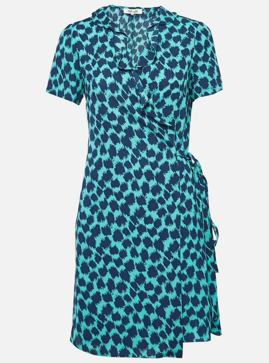 Diane Von Furstenberg Teal Blue Leopard Print Crepe Wrap Dress S