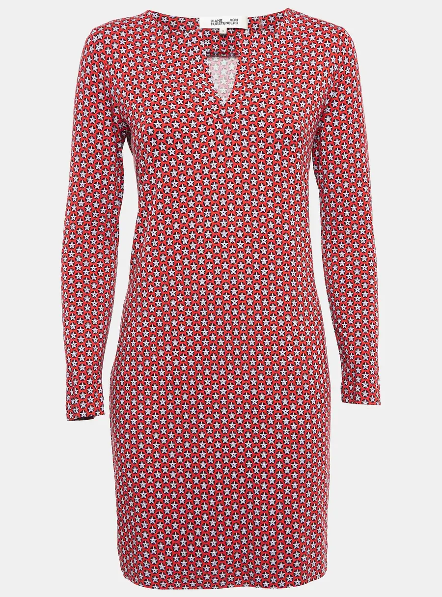 Diane Von Furstenberg Red Printed Knit Full Sleeves Mini Dress S