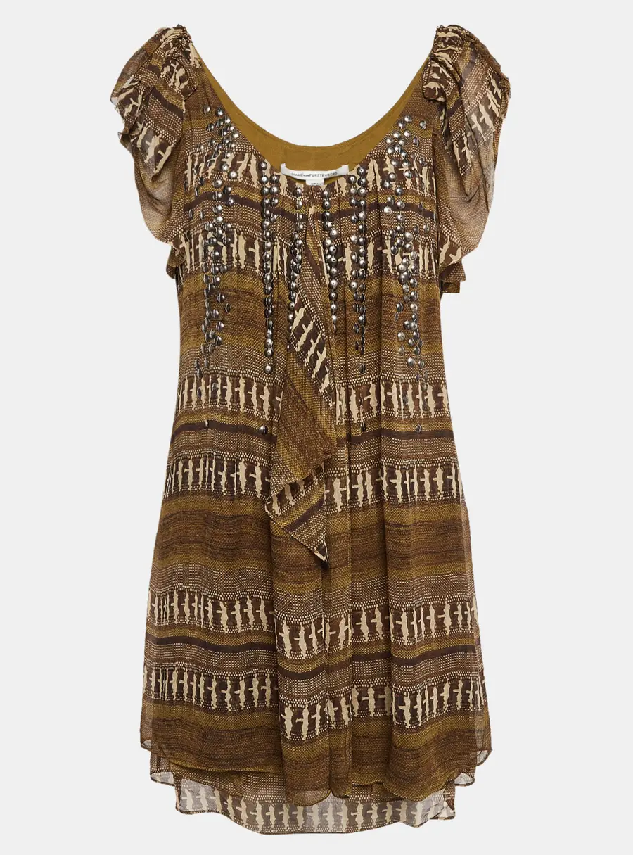 Diane Von Furstenberg Brown Printed Silk Neck Detail Mini Dress L