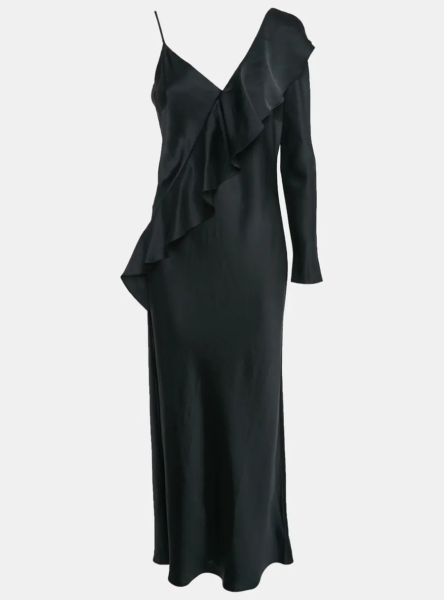 Diane Von Furstenberg Black Satin Ruffled One-Shoulder Long Dress M