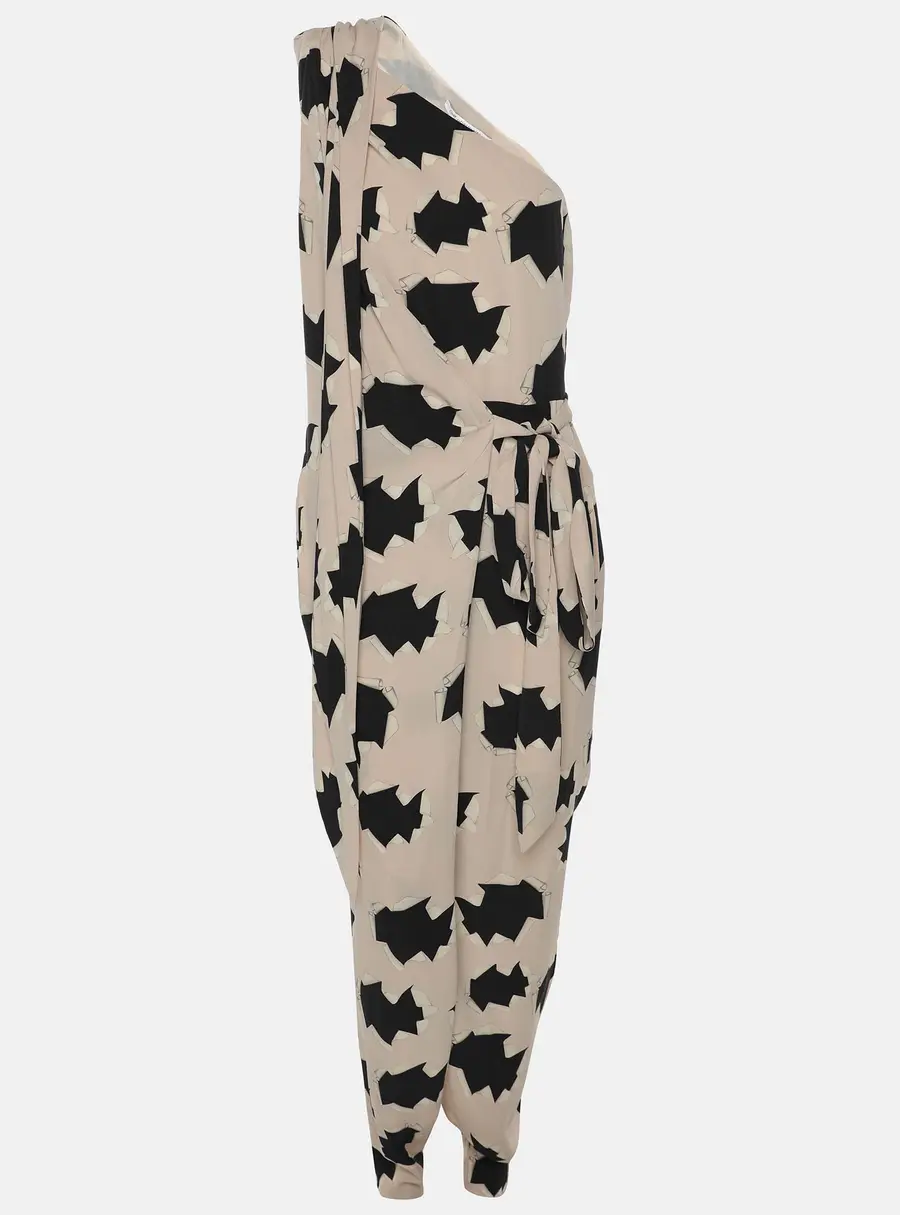 Diane Von Furstenberg Pink/Black Spina Print Silk One Shoulder Jumpsuit S