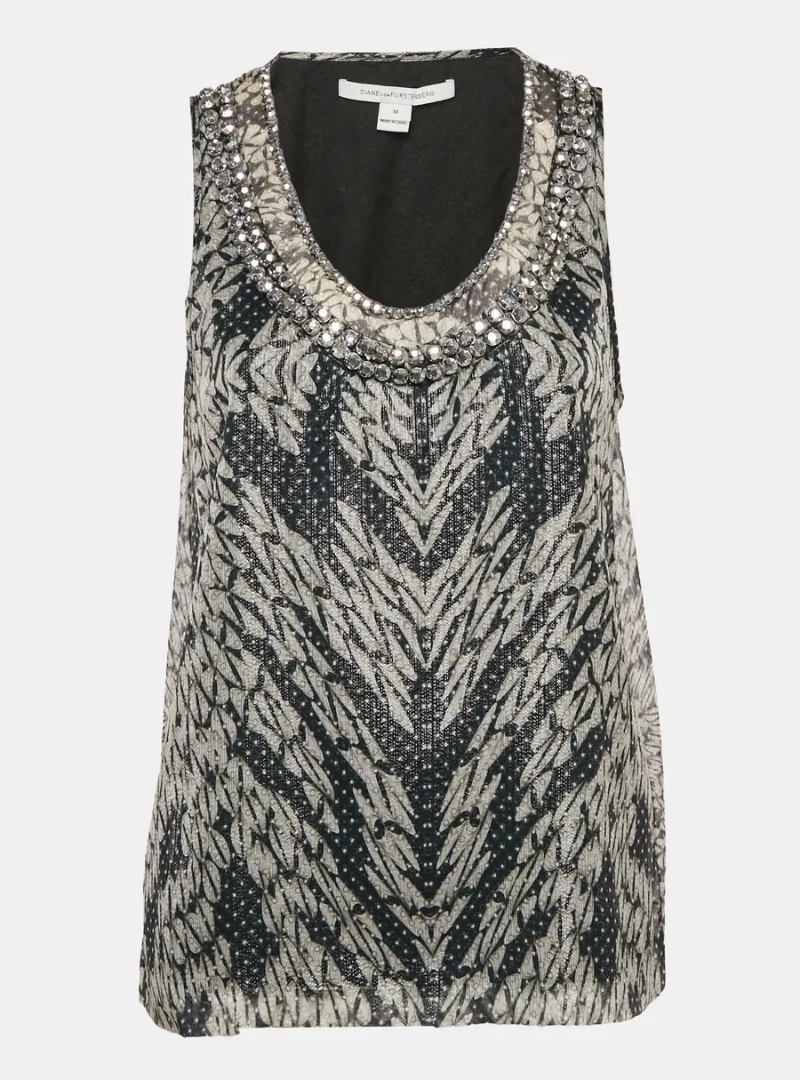 Diane Von Furstenberg Metallic Printed Silk Lurex Stud Detail Sleeveless Ade Top M