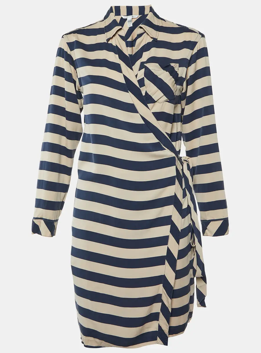 Diane Von Furstenberg Navy Blue Striped Stretch Silk Wrap Dress M