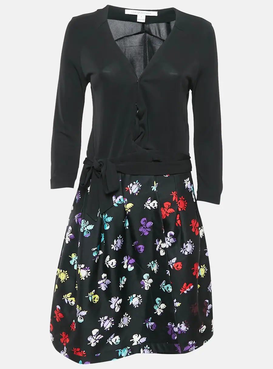 Diane Von Furstenberg Black Floral Print Wool Blend and Jersey Jewel Wrap Dress M