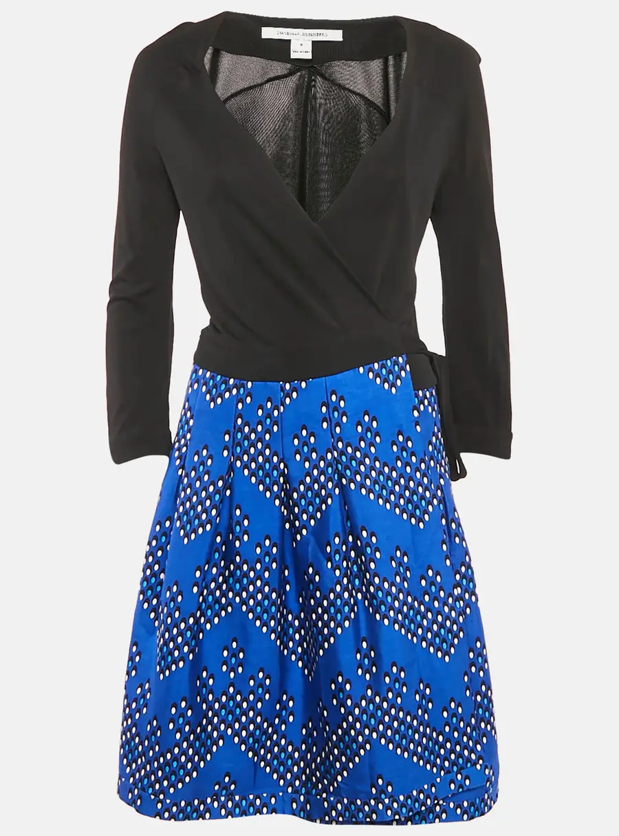 Diane Von Furstenberg Black/Blue Printed Wool Blend and Jersey Wrap Dress M