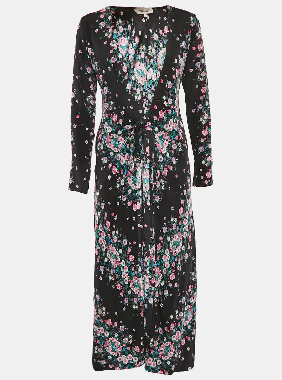 Diane Von Furstenberg Black Floral Crepe Maxi Wrap Dress S