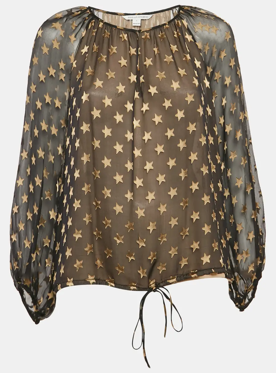 Diane Von Furstenberg Black Star Jacquard Silk Blouse S