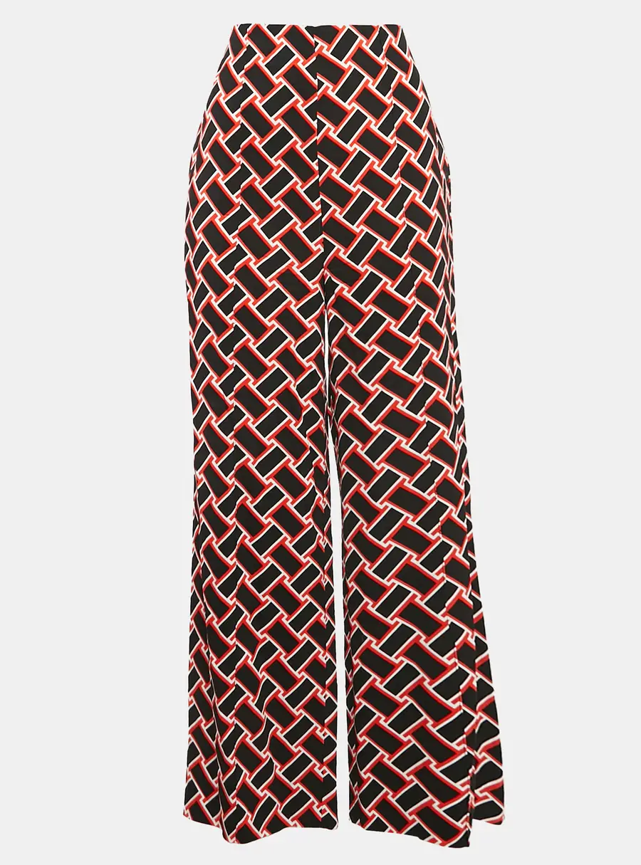 Diane Von Furstenberg Black/Red Geometric Print Crepe Wide-Leg Trousers M