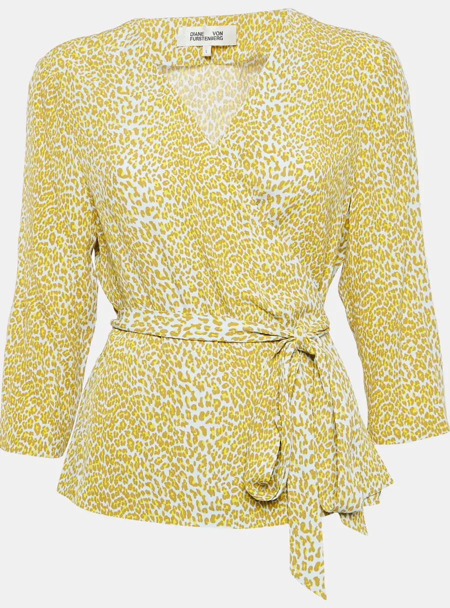 Diane Von Furstenberg Yellow Leopard Print Silk Wrap Top L
