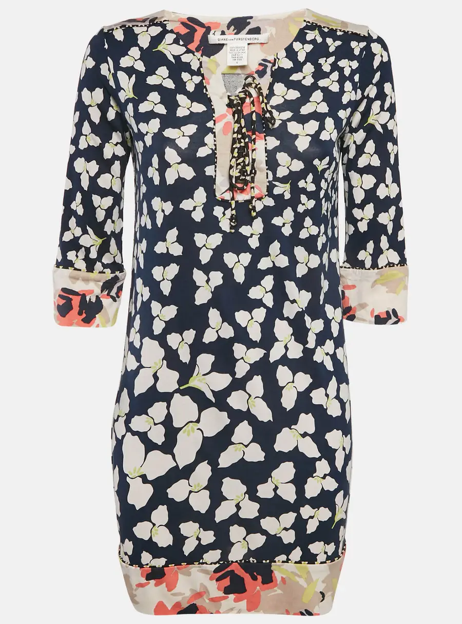 Diane Von Furstenberg Navy Blue Floral Print Silk jersey Trella Mini Dress S