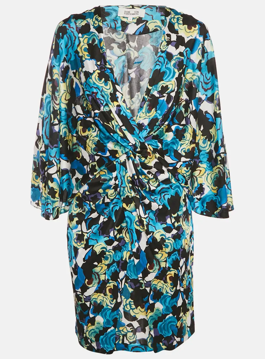 Diane Von Furstenberg Blue Printed Jersey Twist-Front Emmaline Mini Dress M
