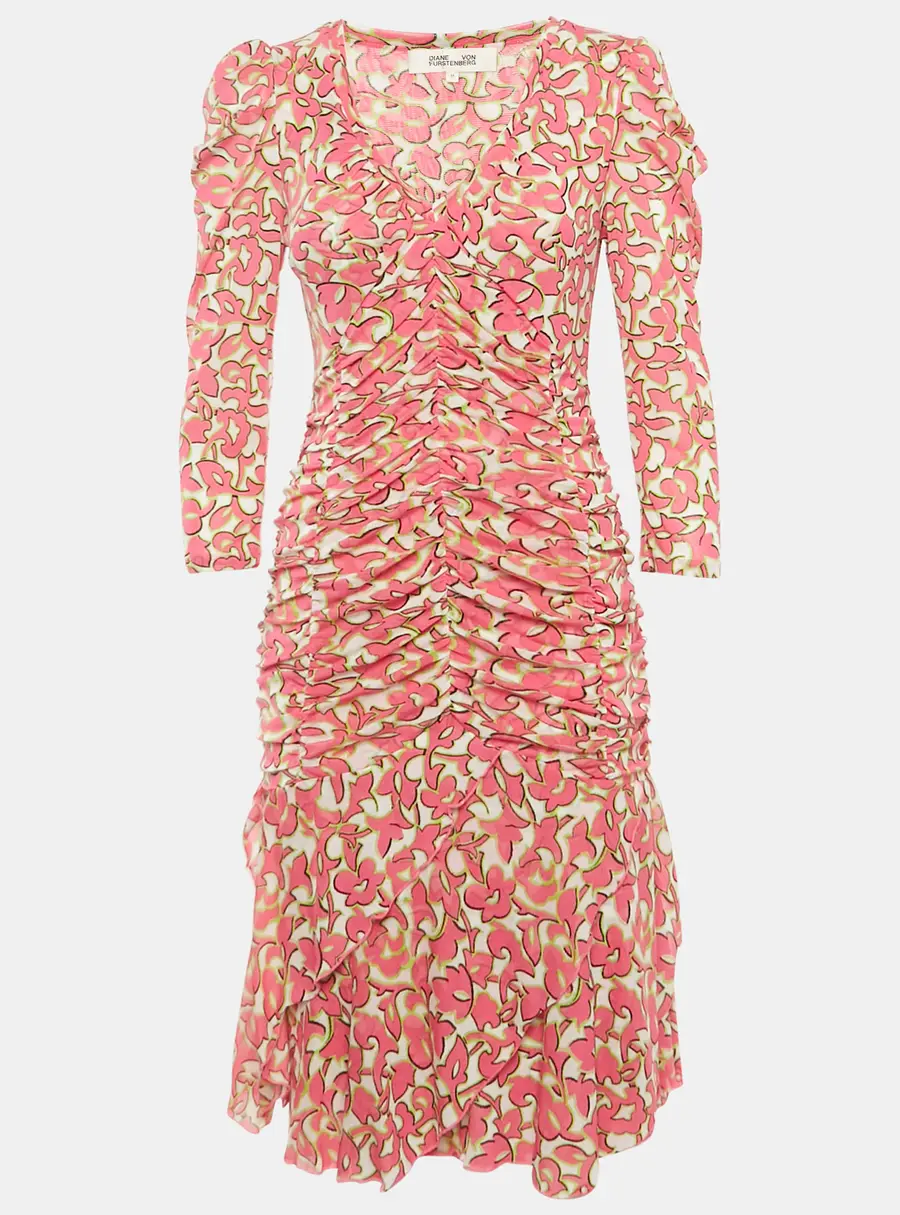 Diane Von Furstenberg Pink Printed Mesh Ruched Dress M
