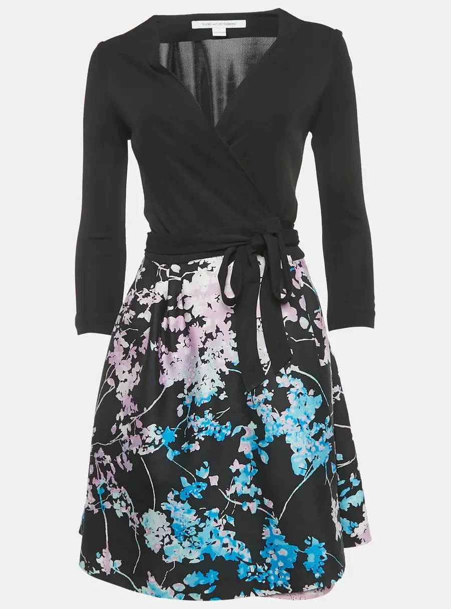 Diane Von Furstenberg Black Floral Print Jersey and Crepe Valerie Dress S