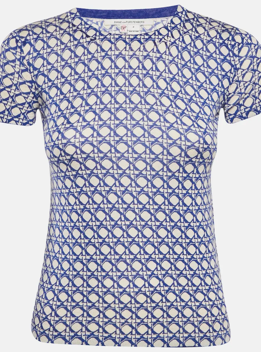 Diane Von Furstenberg Blue Printed Silk Blend Knit Top XS