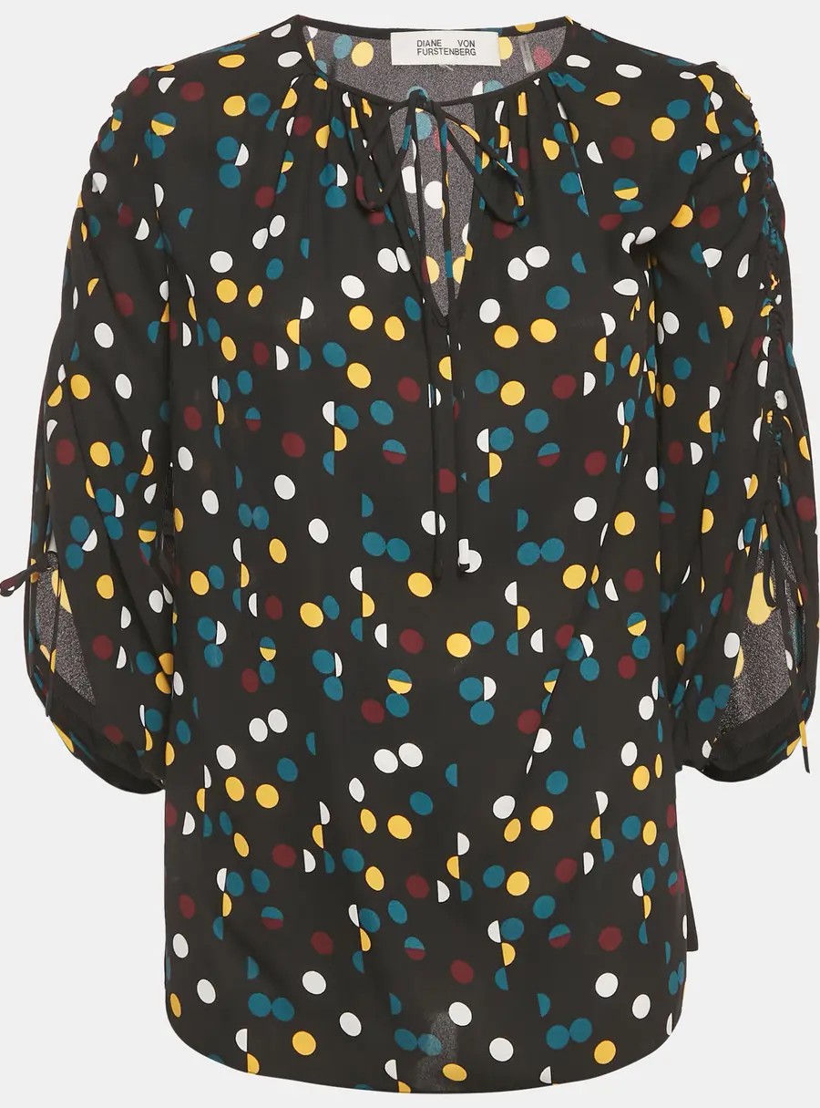 Diane Von Furstenberg Black Polka Dot Print Crepe Blouson Sleeve Tunic Top M
