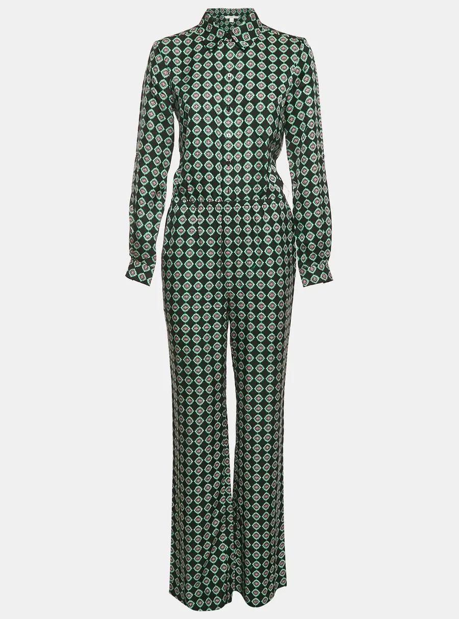 Diane Von Furstenberg Black Printed Silk Flared Jumpsuit S