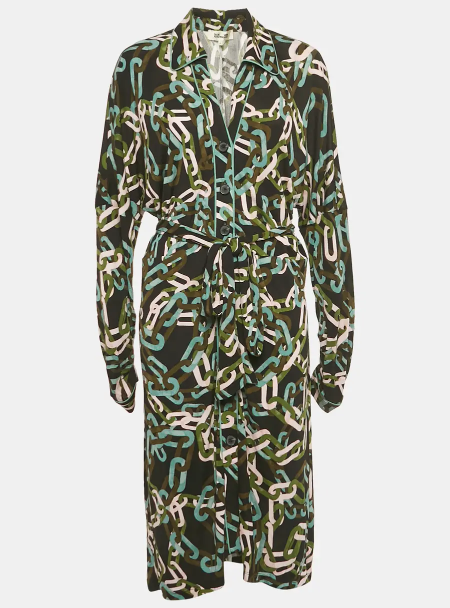Diane Von Furstenberg Black Carrie Chain Print Jersey Button Front Belted Dress M