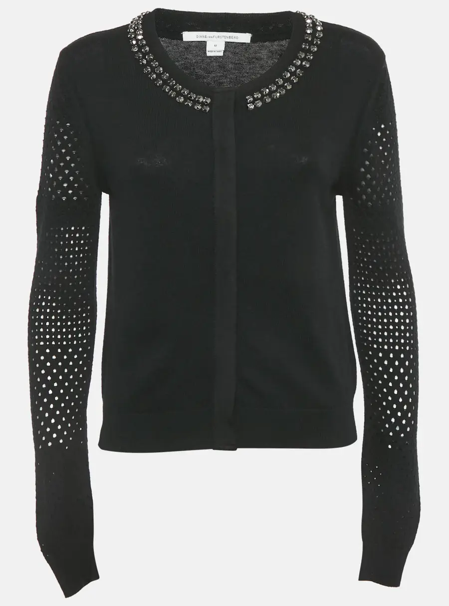 Diane Von Furstenberg Black Wool Blend Stud Detail Cardigan M