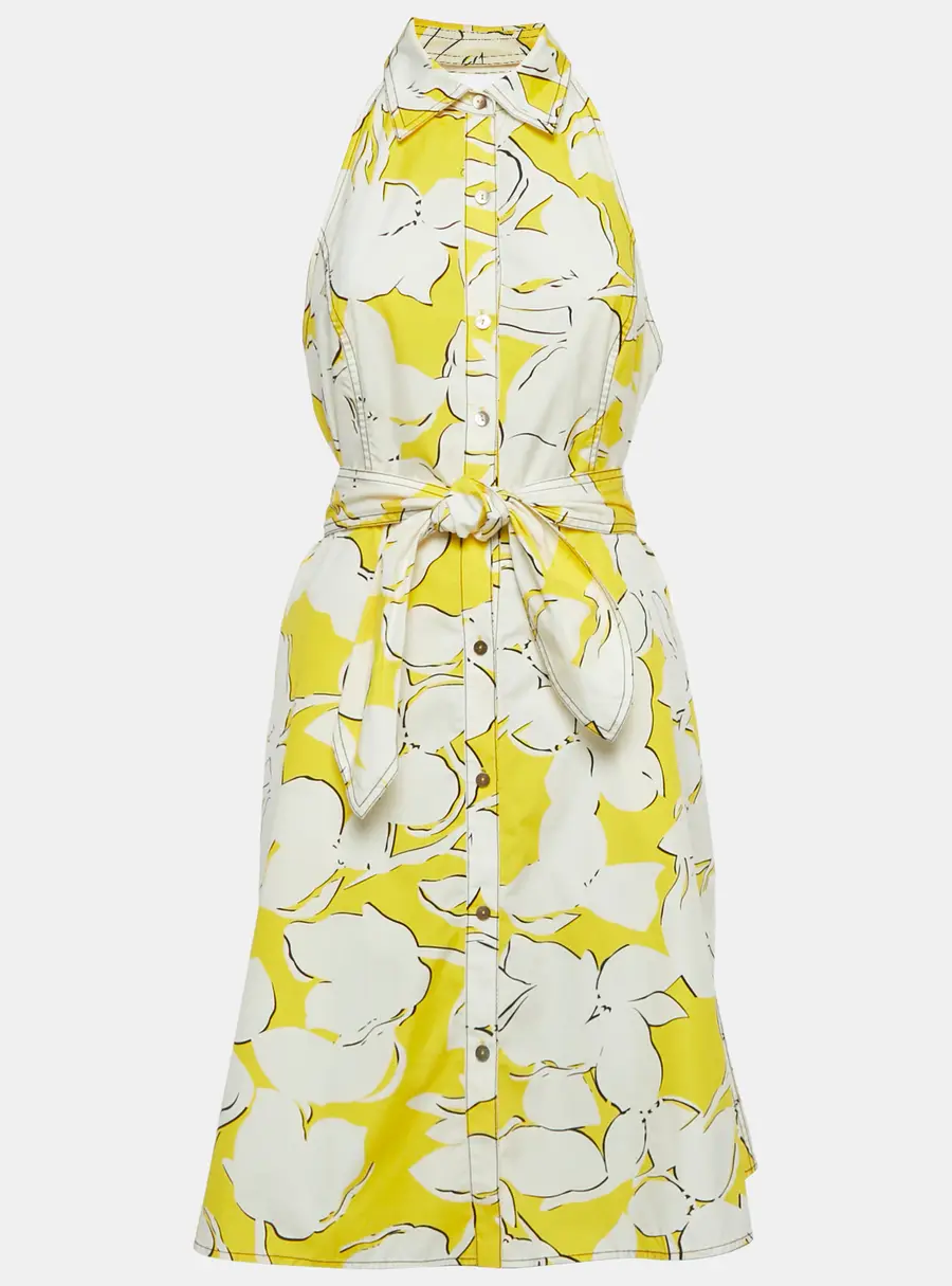 Diane Von Furstenberg Yellow /White Printed Cotton Halter Neck Short Dress M