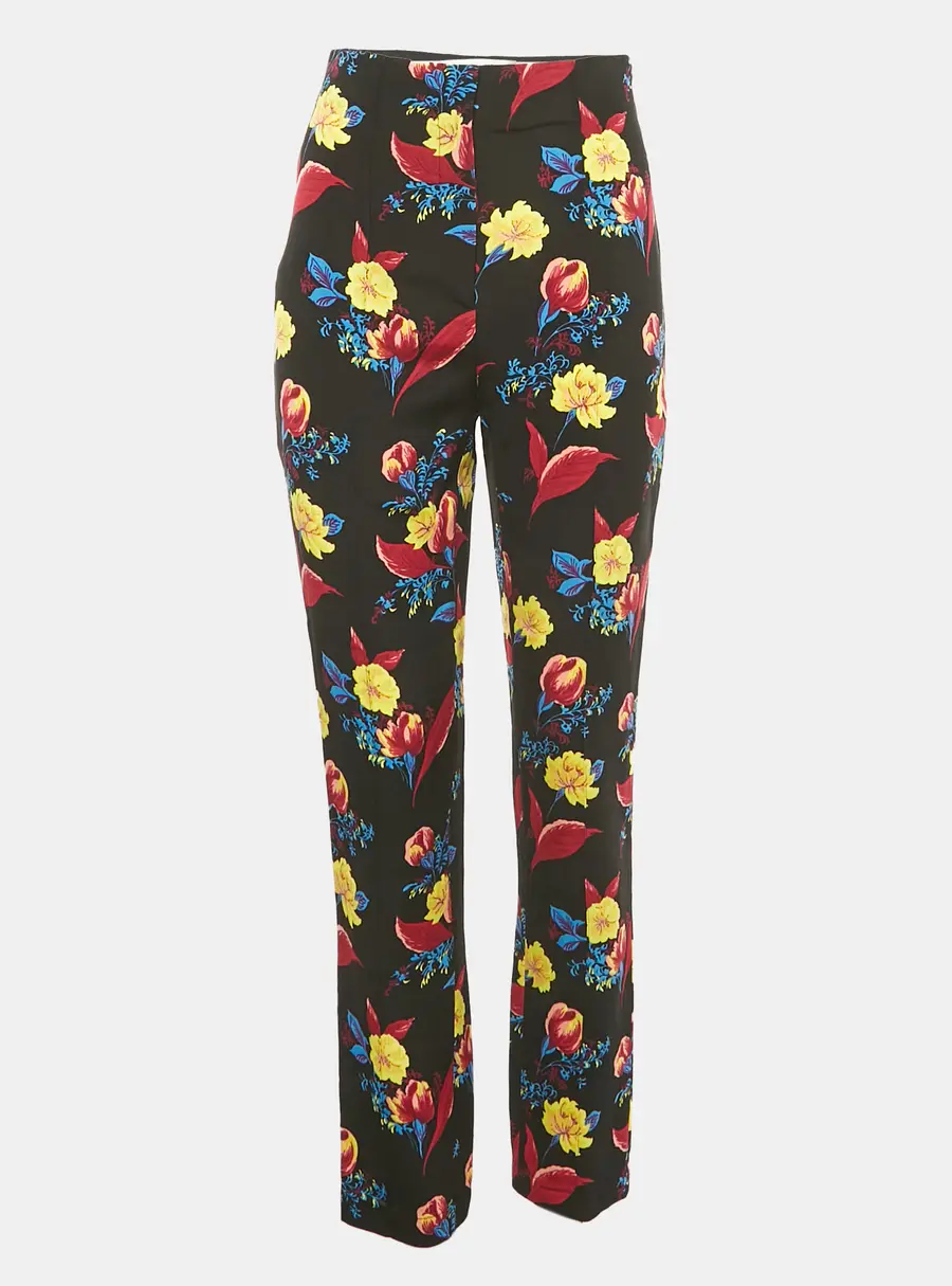 Diane Von Furstenberg Black Floral Print Crepe Trousers S