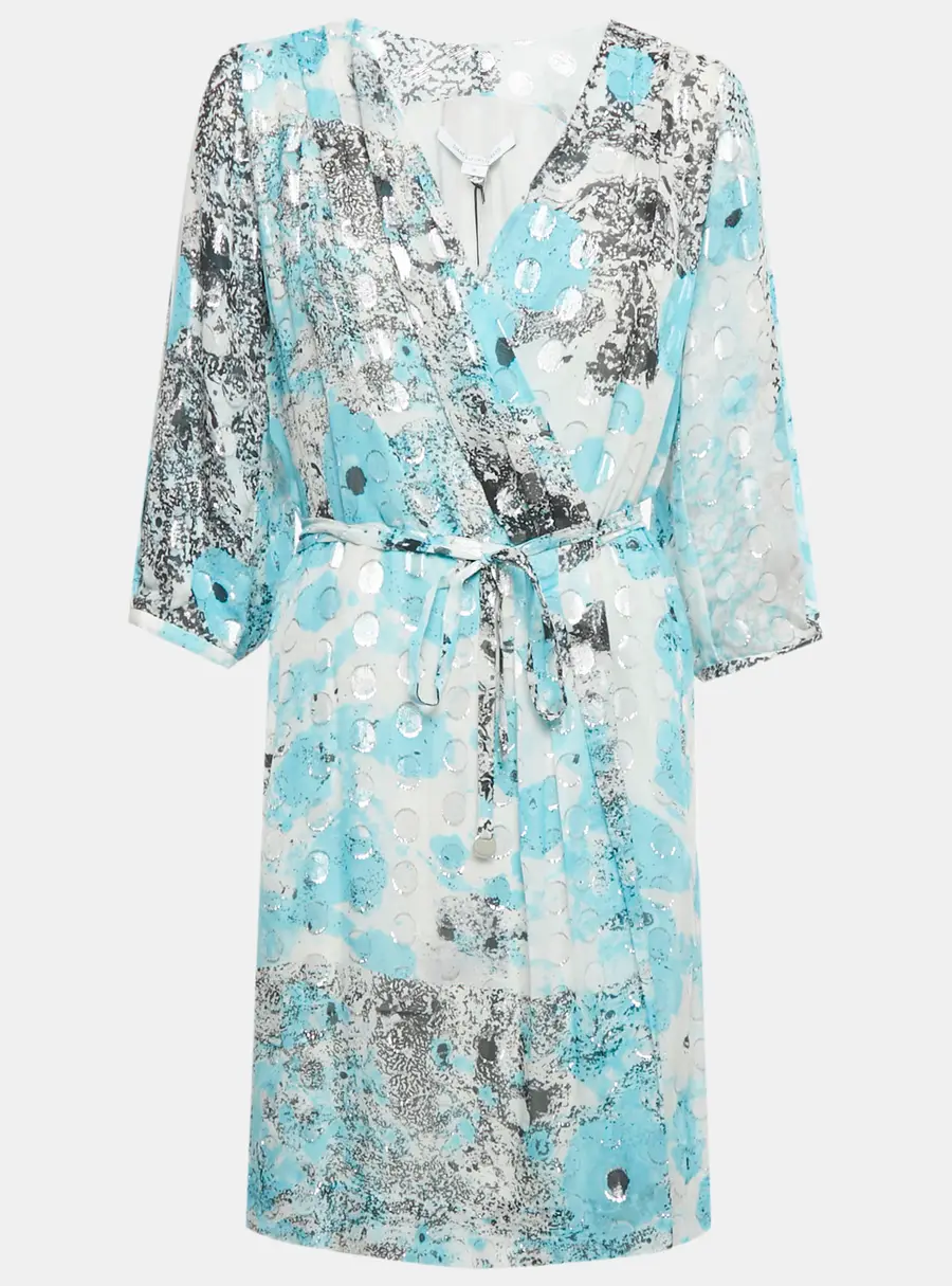 Diane Von Furstenberg Blue /Sliver Printed Met Dot Silk Short Wrap Dress L