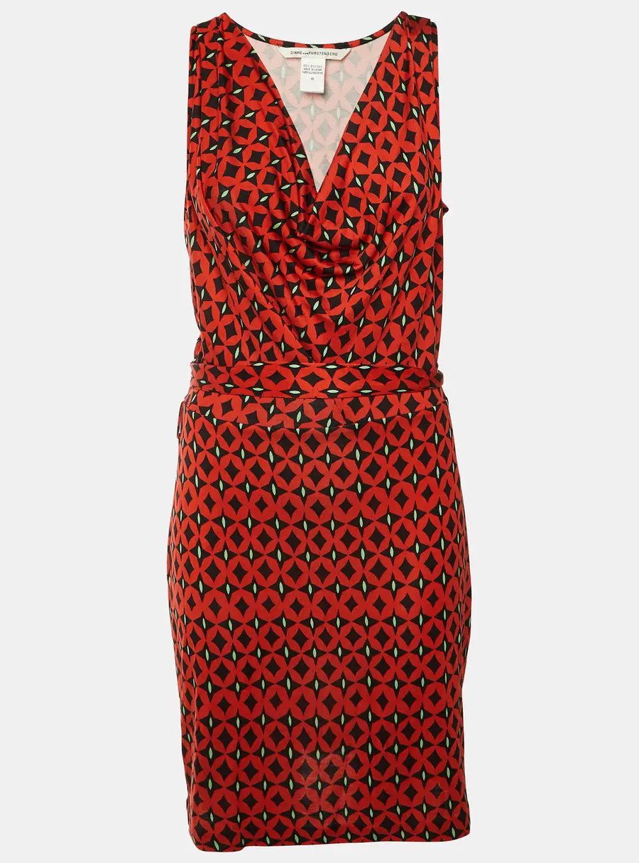 Diane Von Furstenberg Brick Red Printed Silk Keesa Sleeveless Dress L