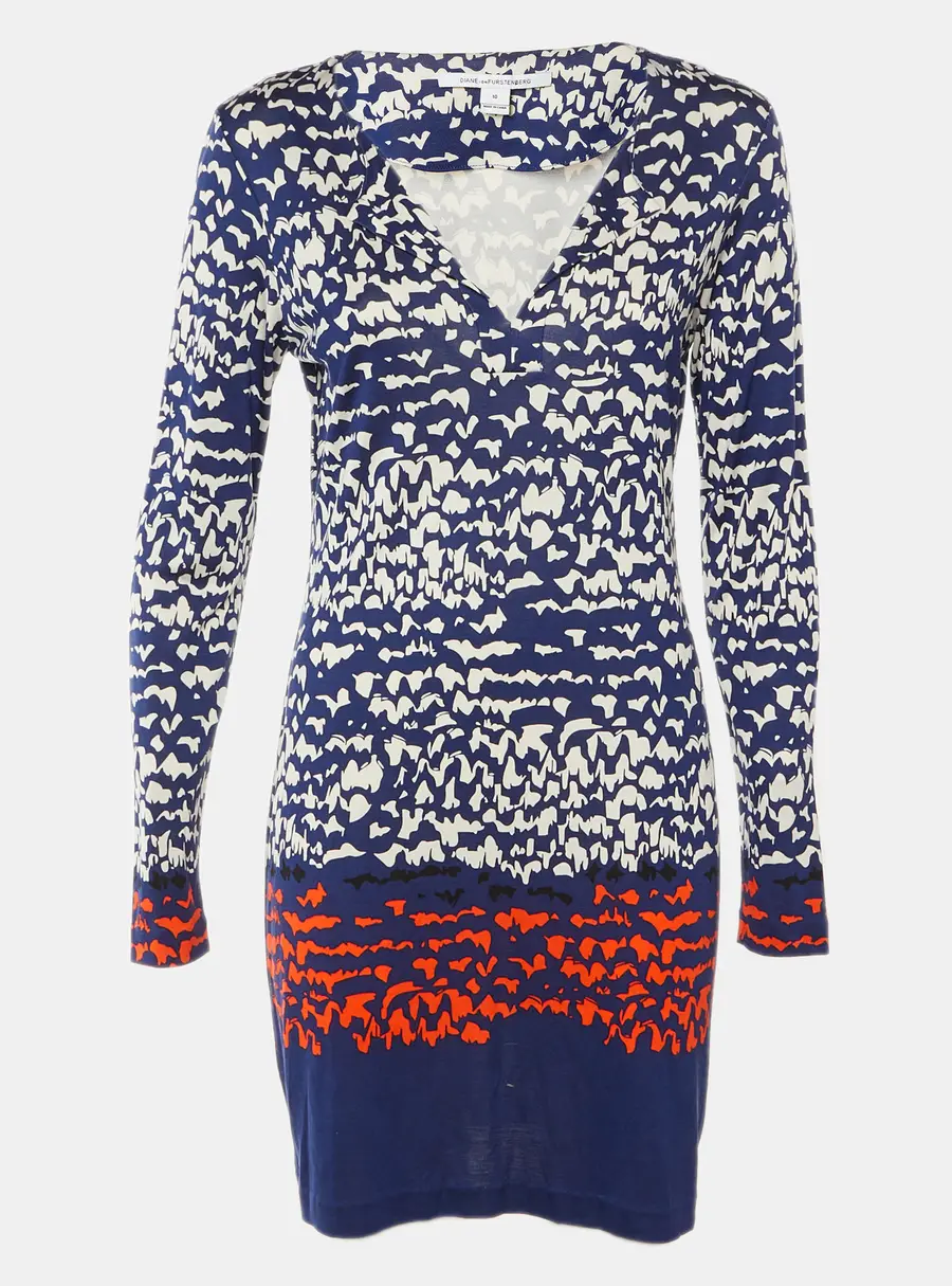 Diane Von Furstenberg Navy Blue Printed Silk Reina Fitted Dress L