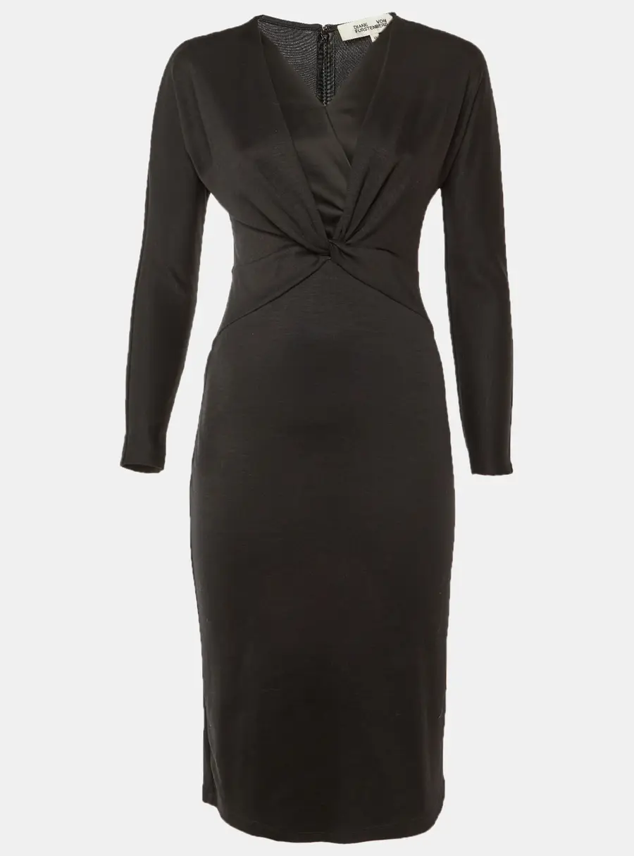Diane Von Furstenberg Black Wool Blend Knot Detail Midi Dress XS