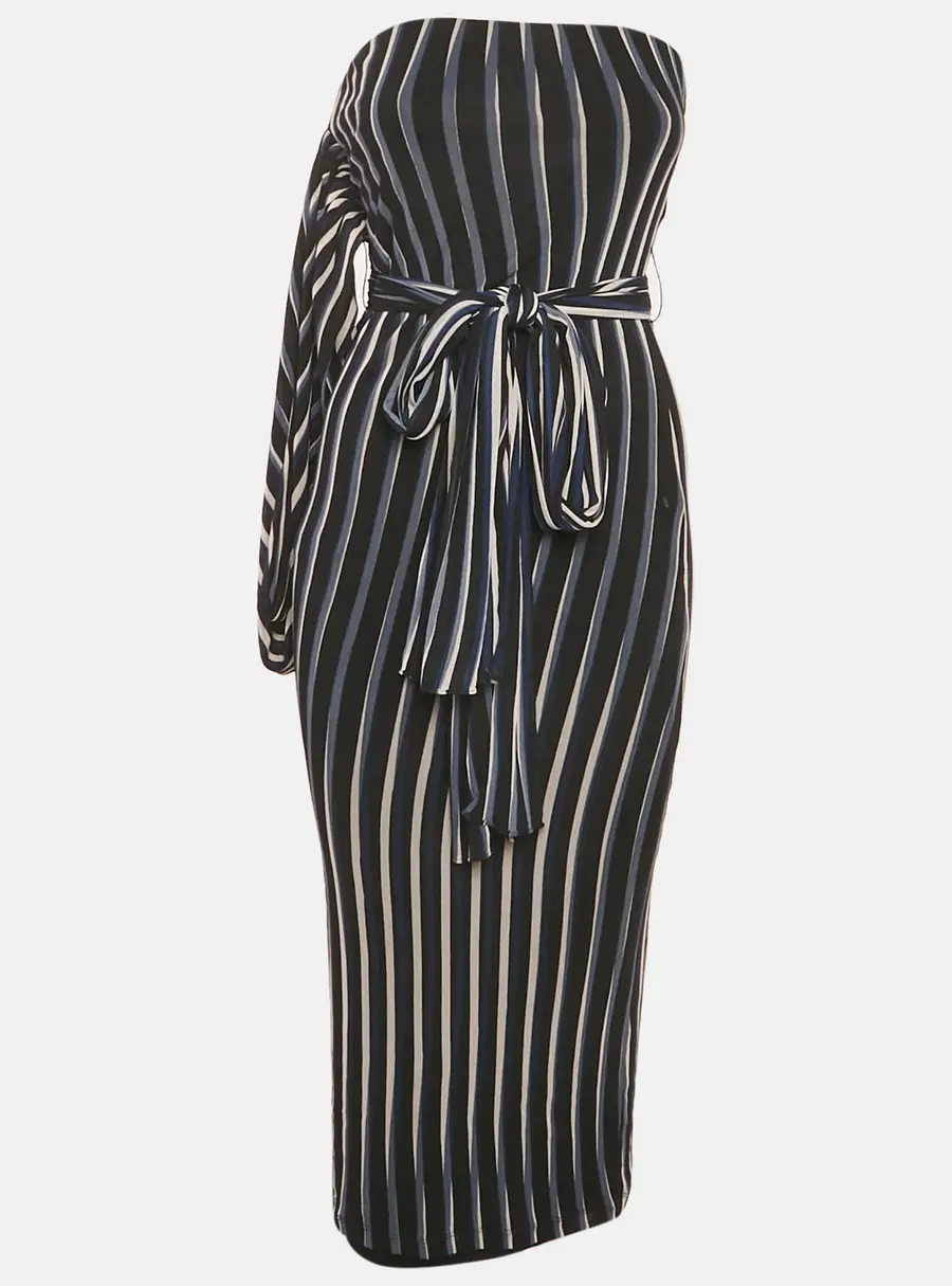 Diane Von Furstenberg Black Nylon Striped Structured Sash Dress S