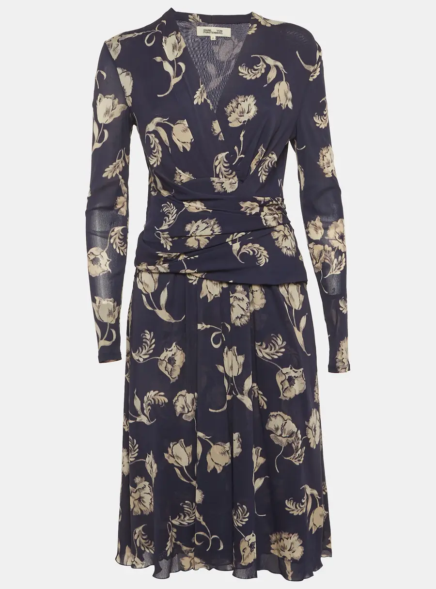 Diane Von Furstenberg Navy Blue Floral Print Jersey Wrap Midi Dress M